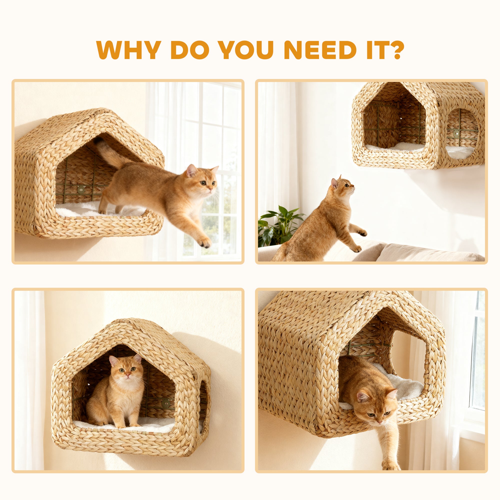 Wall Mounted Cat House, Cat Wall Condo Furniture with Washable Cushion, Kitty Shelf Bed for Indoor Cats Kittens, Natural