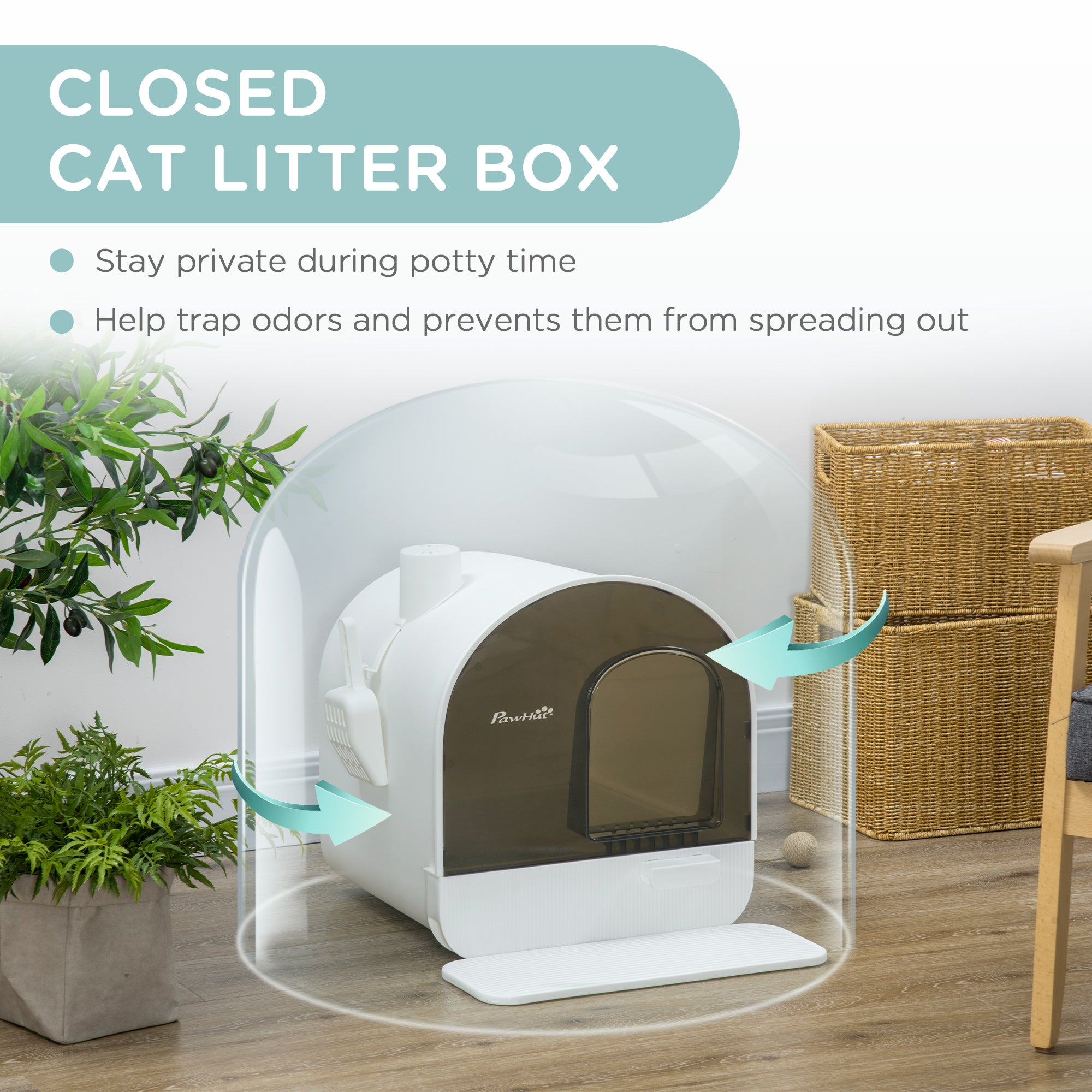 PawHut Covered Cat Litter Box with Lid, Scoop, and Filter, Sleek White