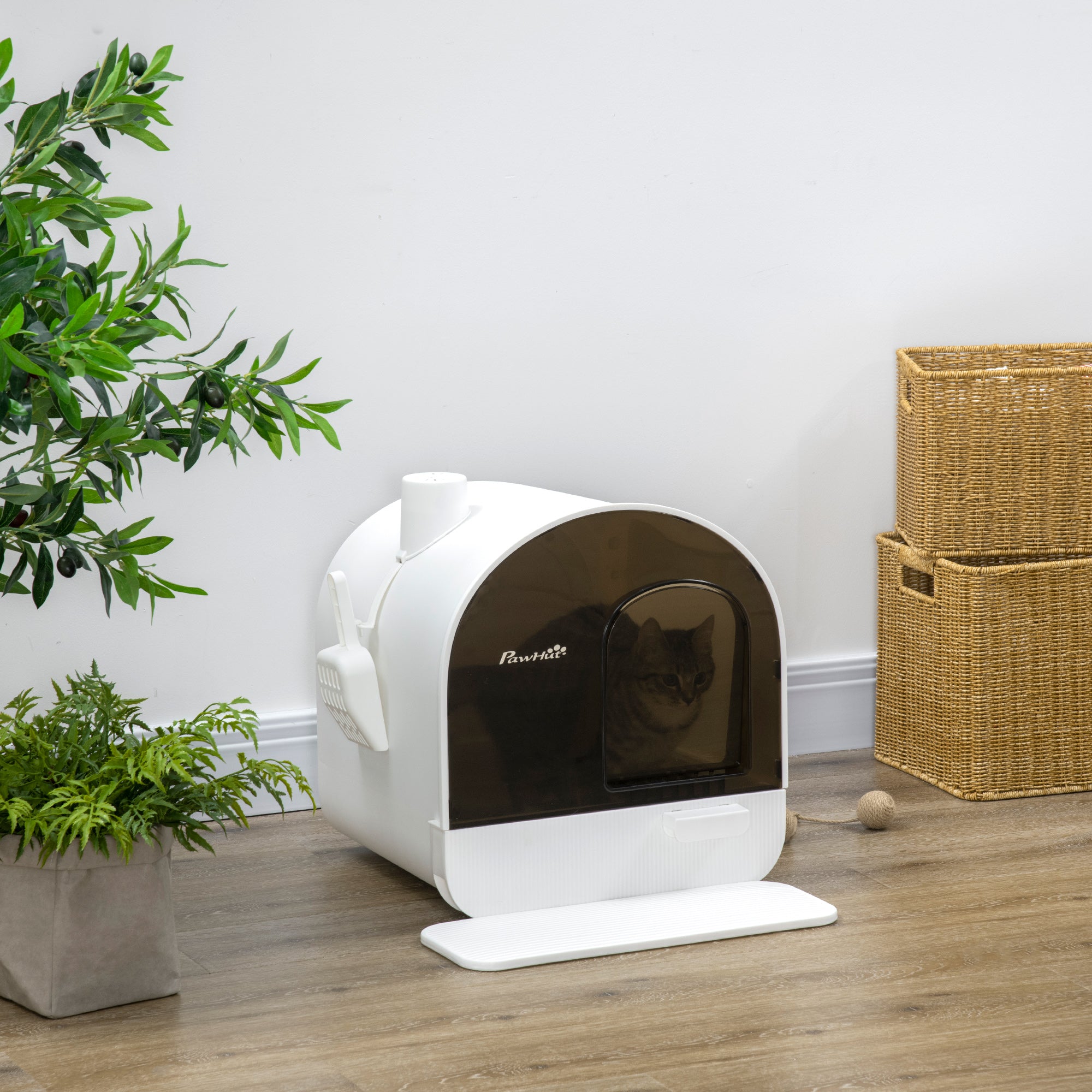 PawHut Covered Cat Litter Box with Lid, Scoop, and Filter, Sleek White