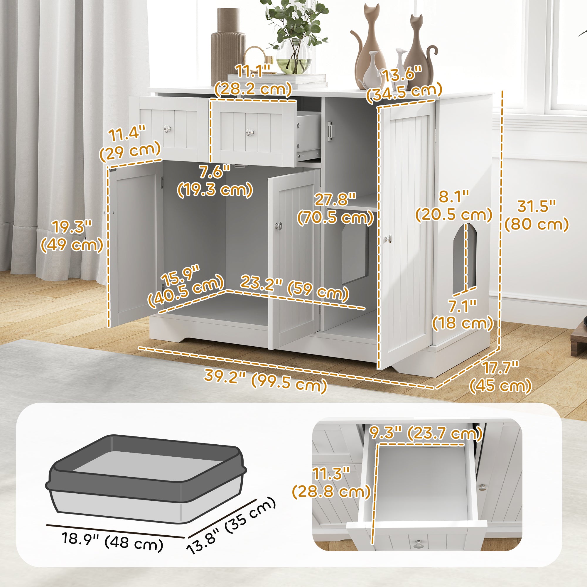 Cat Litter Box Enclosure, Hidden Litter Box Furnitrue Indoor Cat House with Drawer, Storage, Anti-tip Kit, Cat Washroom for Living Room, Bedroom, White