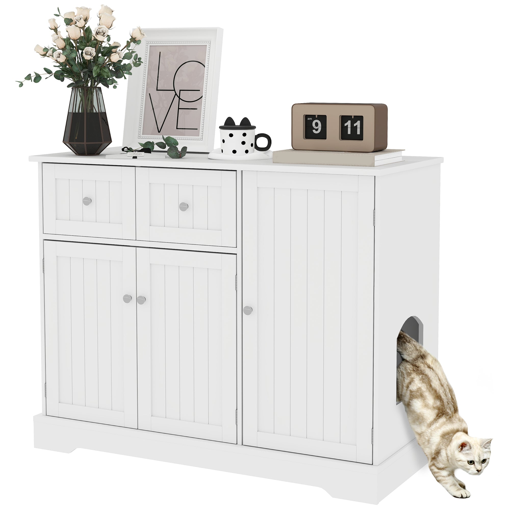 Cat Litter Box Enclosure, Hidden Litter Box Furnitrue Indoor Cat House with Drawer, Storage, Anti-tip Kit, Cat Washroom for Living Room, Bedroom, White