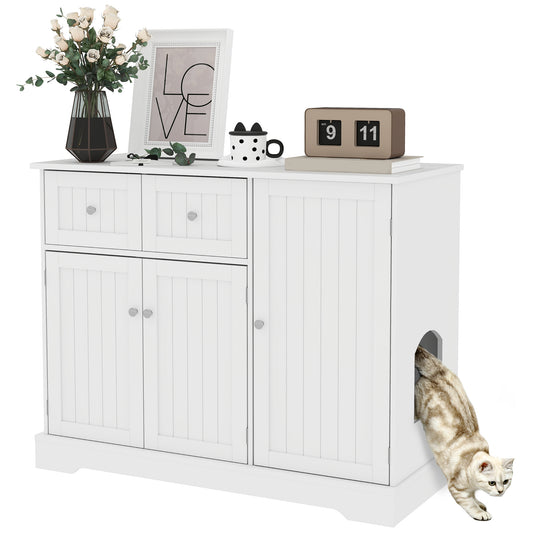 Cat Litter Box Enclosure, Hidden Litter Box Furnitrue Indoor Cat House with Drawer, Storage, Anti-tip Kit, Cat Washroom for Living Room, Bedroom, White