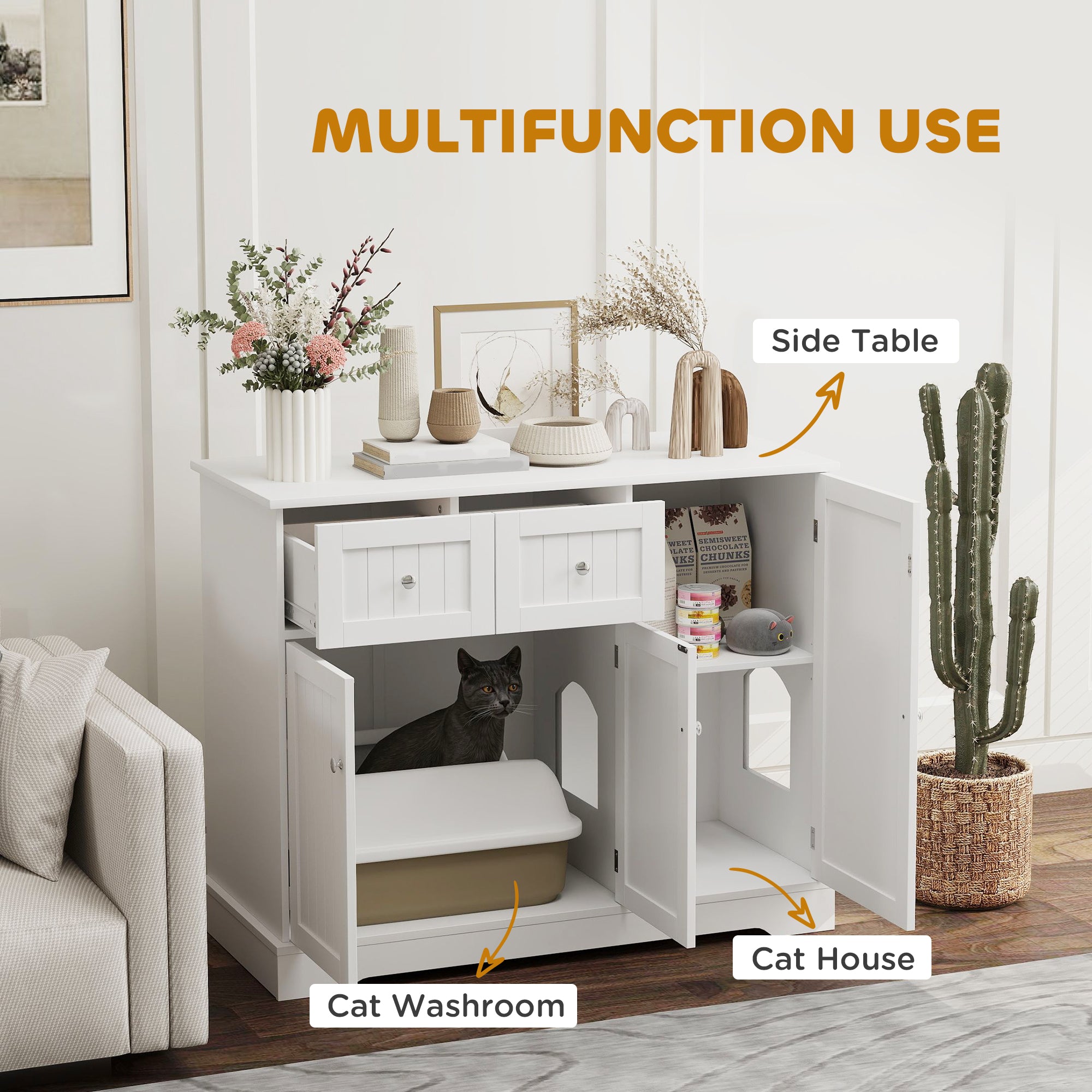 Cat Litter Box Enclosure, Hidden Litter Box Furnitrue Indoor Cat House with Drawer, Storage, Anti-tip Kit, Cat Washroom for Living Room, Bedroom, White