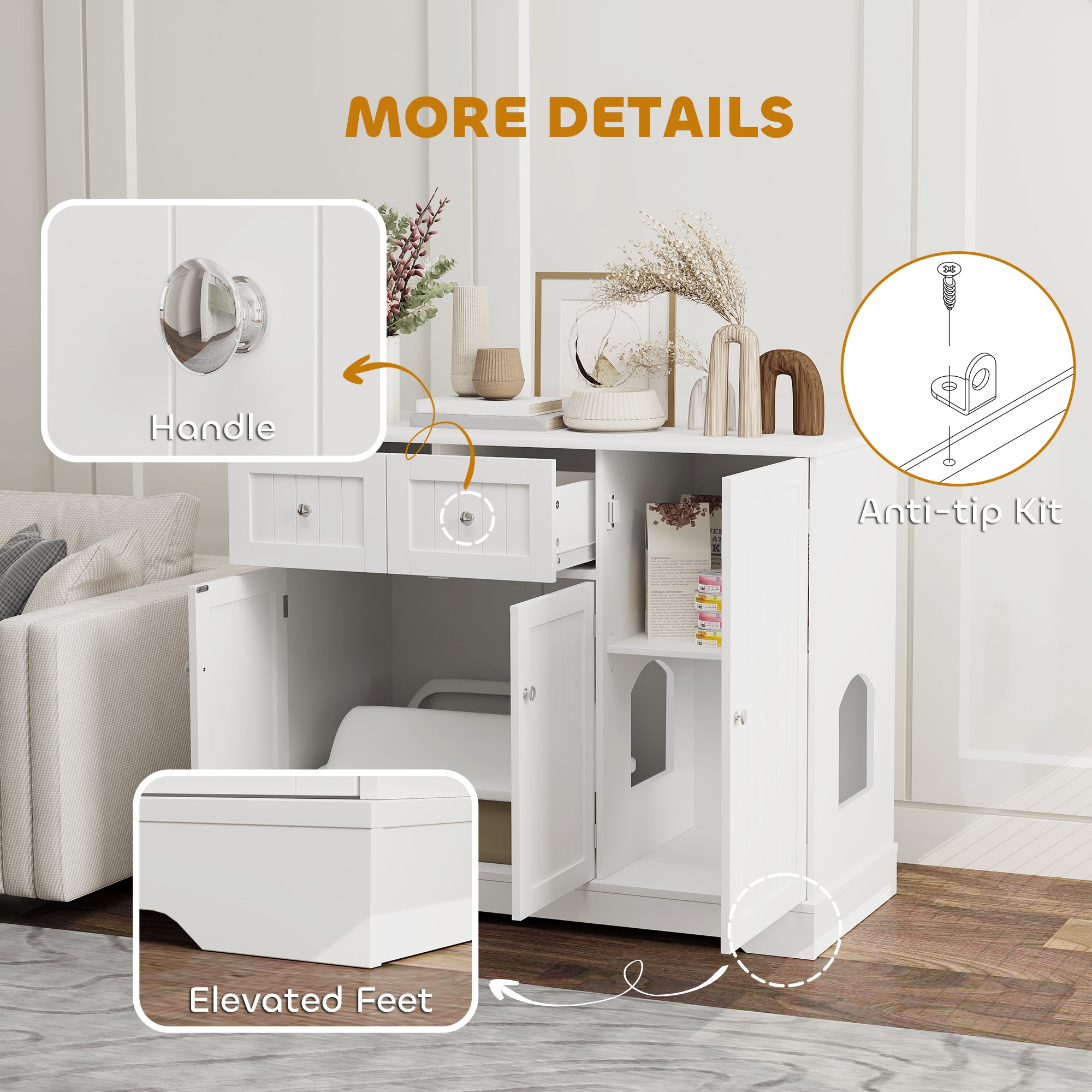Cat Litter Box Enclosure, Hidden Litter Box Furnitrue Indoor Cat House with Drawer, Storage, Anti-tip Kit, Cat Washroom for Living Room, Bedroom, White