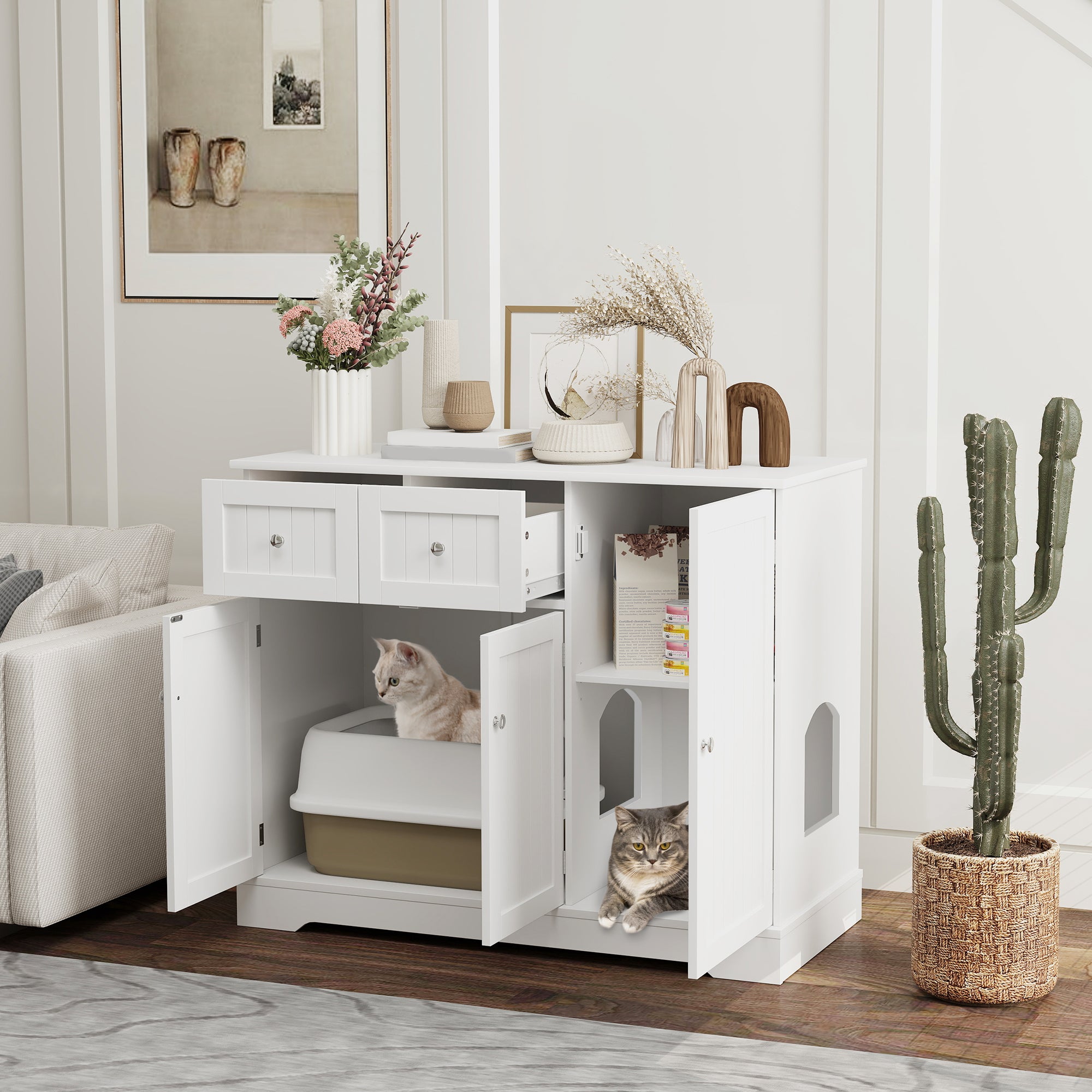 Cat Litter Box Enclosure, Hidden Litter Box Furnitrue Indoor Cat House with Drawer, Storage, Anti-tip Kit, Cat Washroom for Living Room, Bedroom, White