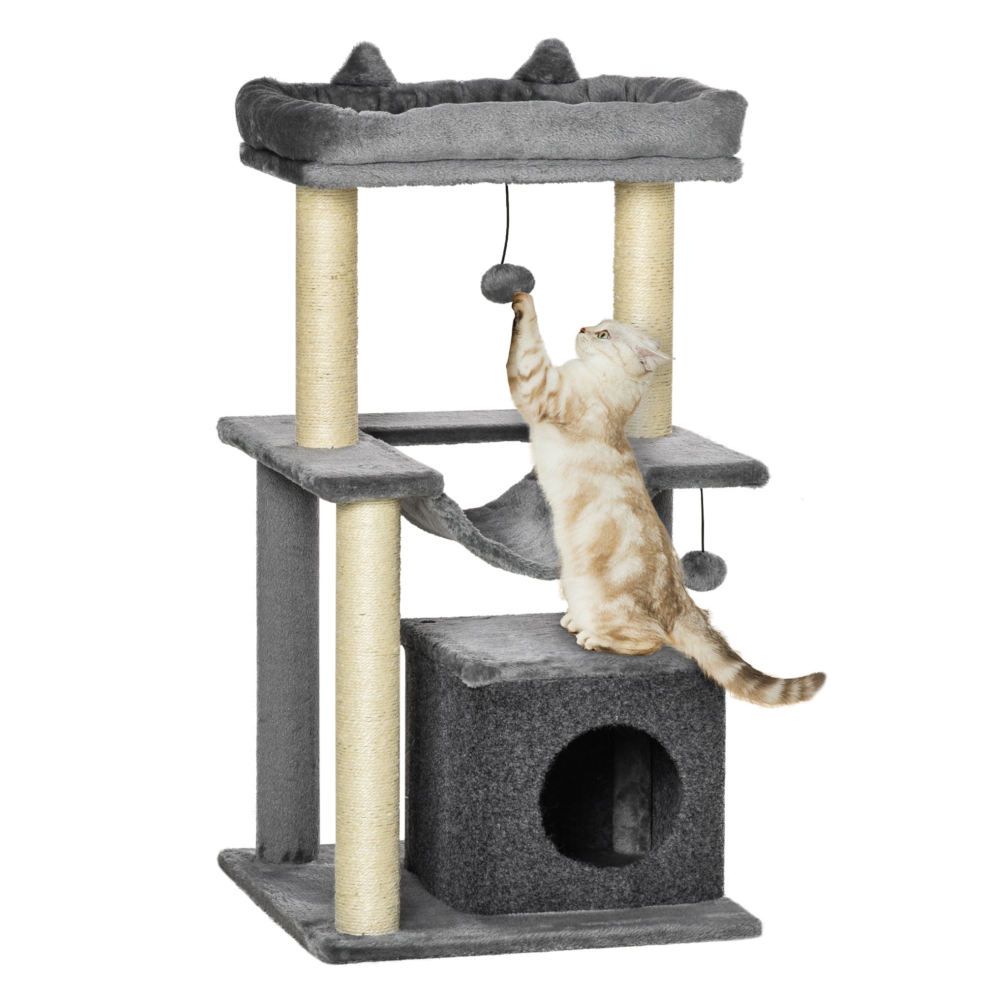 Cat Tree, 90cm Cat Tower with Sisal Scratching Posts, Cat Condo, Hammock, Top Perch and 2 Hanging Toys for Indoor Cats, Grey
