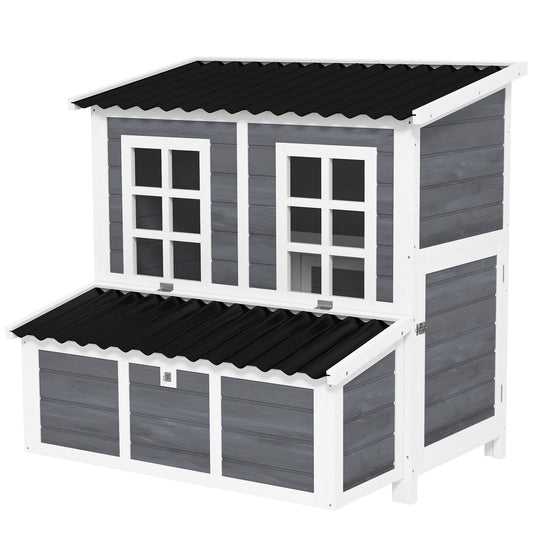 Wooden Chicken Coop, 39" Chicken House with Nesting Box, Pull-Out Tray, Waterproof Roof, Hen House Outdoor Poultry Cage for 4-6 Chickens, Rabbits, Small Animals, for Backyard, Light Gray