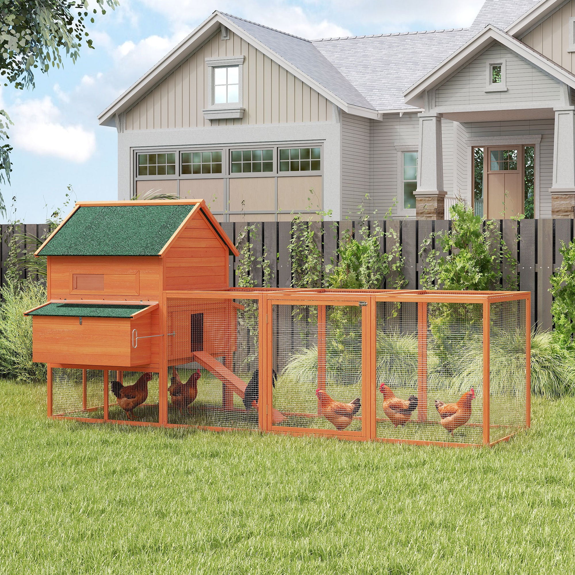 137"L Chicken Coop, Wooden Large Hen House with Chicken Run, Nesting Box, Poultry Cage for Outdoor, Backyard, Orange