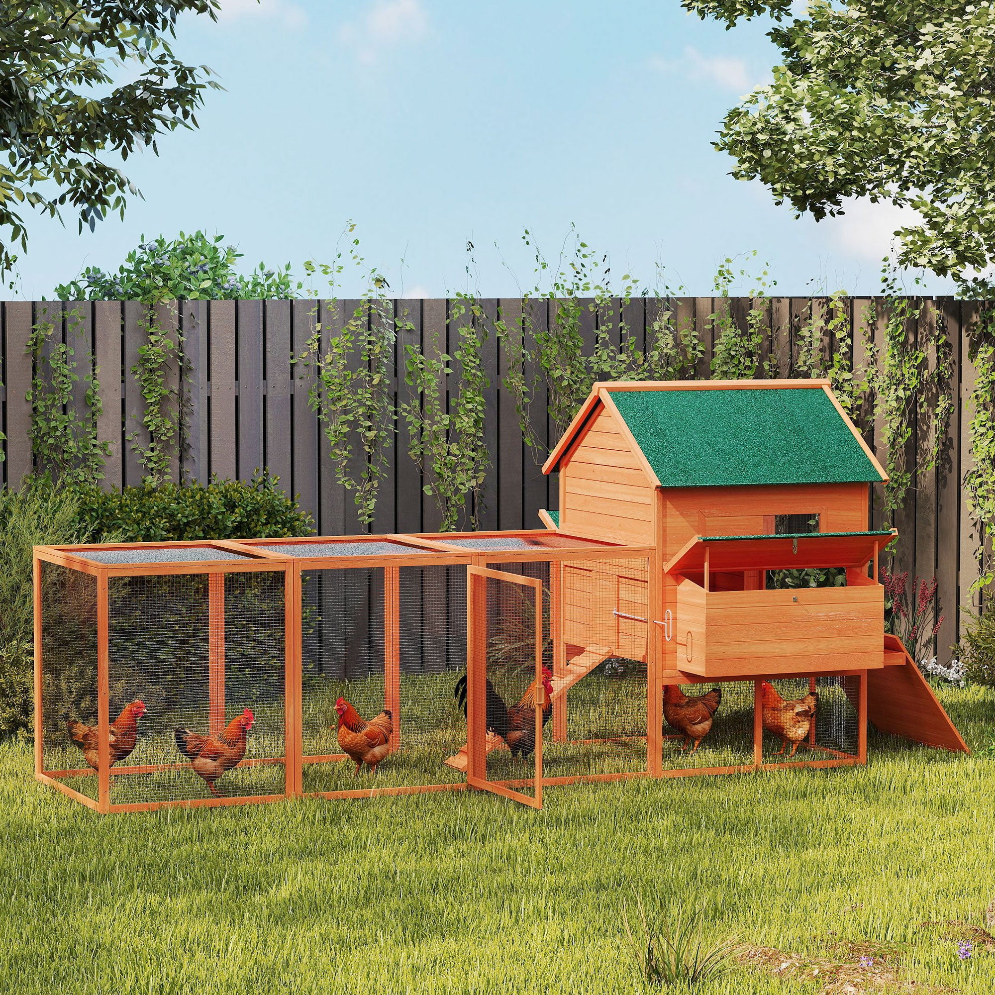 137"L Chicken Coop, Wooden Large Hen House with Chicken Run, Nesting Box, Poultry Cage for Outdoor, Backyard, Orange