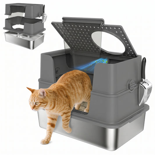 XL Stainless Steel Litter Box with Lid, Extra Large Top & Side Entry Enclosed Litter Box for Big Cats with 100° Flip Top, Scoop, Odor Free, Easy Cleaning, Non-Sticky, Anti Leakage, Dark Gray