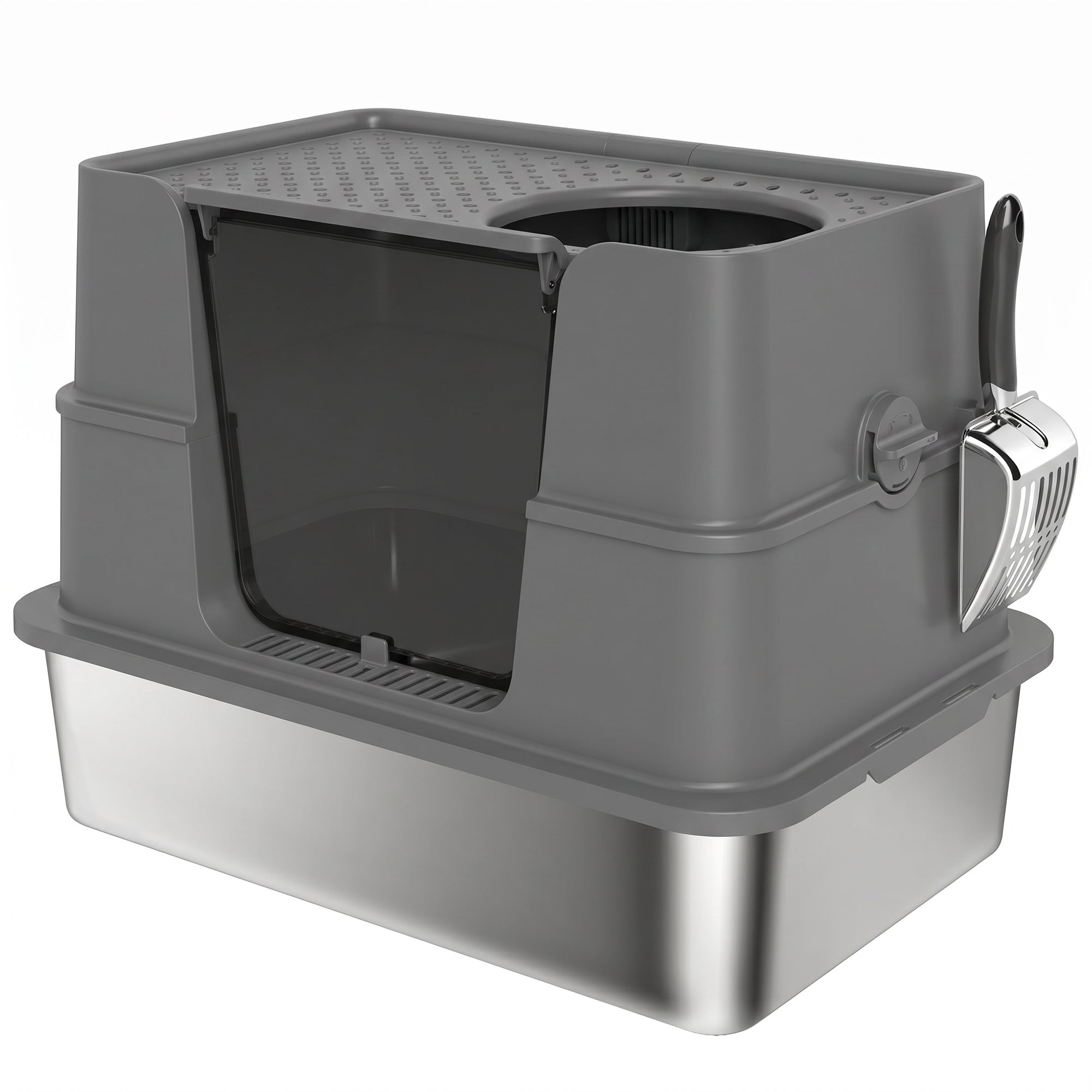 XL Stainless Steel Litter Box with Lid, Extra Large Top & Side Entry Enclosed Litter Box for Big Cats with 100° Flip Top, Scoop, Odor Free, Easy Cleaning, Non-Sticky, Anti Leakage, Dark Gray