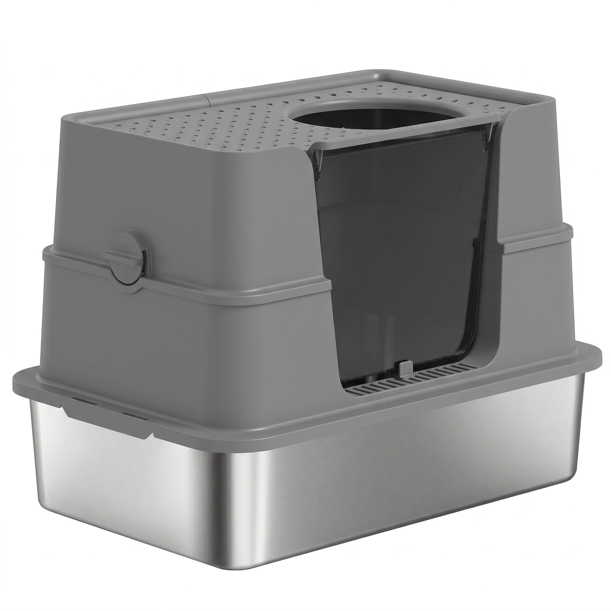 XL Stainless Steel Litter Box with Lid, Extra Large Top & Side Entry Enclosed Litter Box for Big Cats with 100° Flip Top, Scoop, Odor Free, Easy Cleaning, Non-Sticky, Anti Leakage, Dark Gray