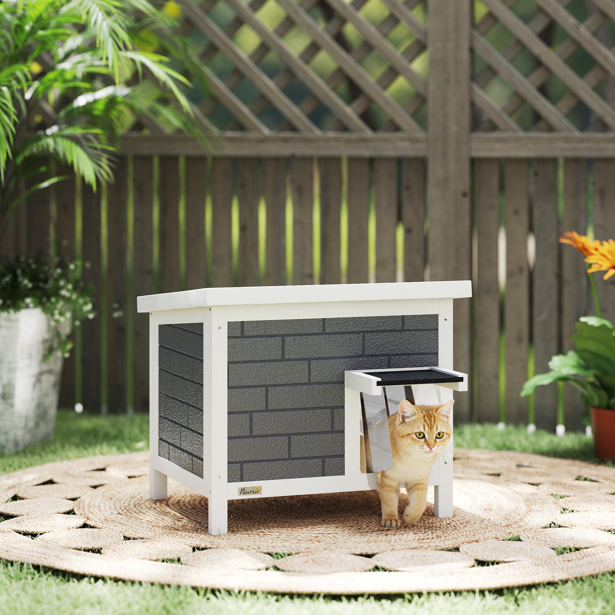 Outdoor Cat House Insulated, Wooden Weatherproof Feral Cat Shelter with Openable Asphalt Roof, Plastic Door Flaps, Rabbit Hutch for Bunnies, for Winter Outside, 61 x 51 x 53.5 cm, Grey