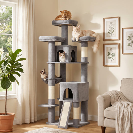 72" Cat Tree, Large Cat Tower with 2 Condos, 3 Padded Beds, Hammock, 3 Scratching Posts and Ladder, Multi-Level Tall Kitty Condo for Indoor Kittens, Dark Gray