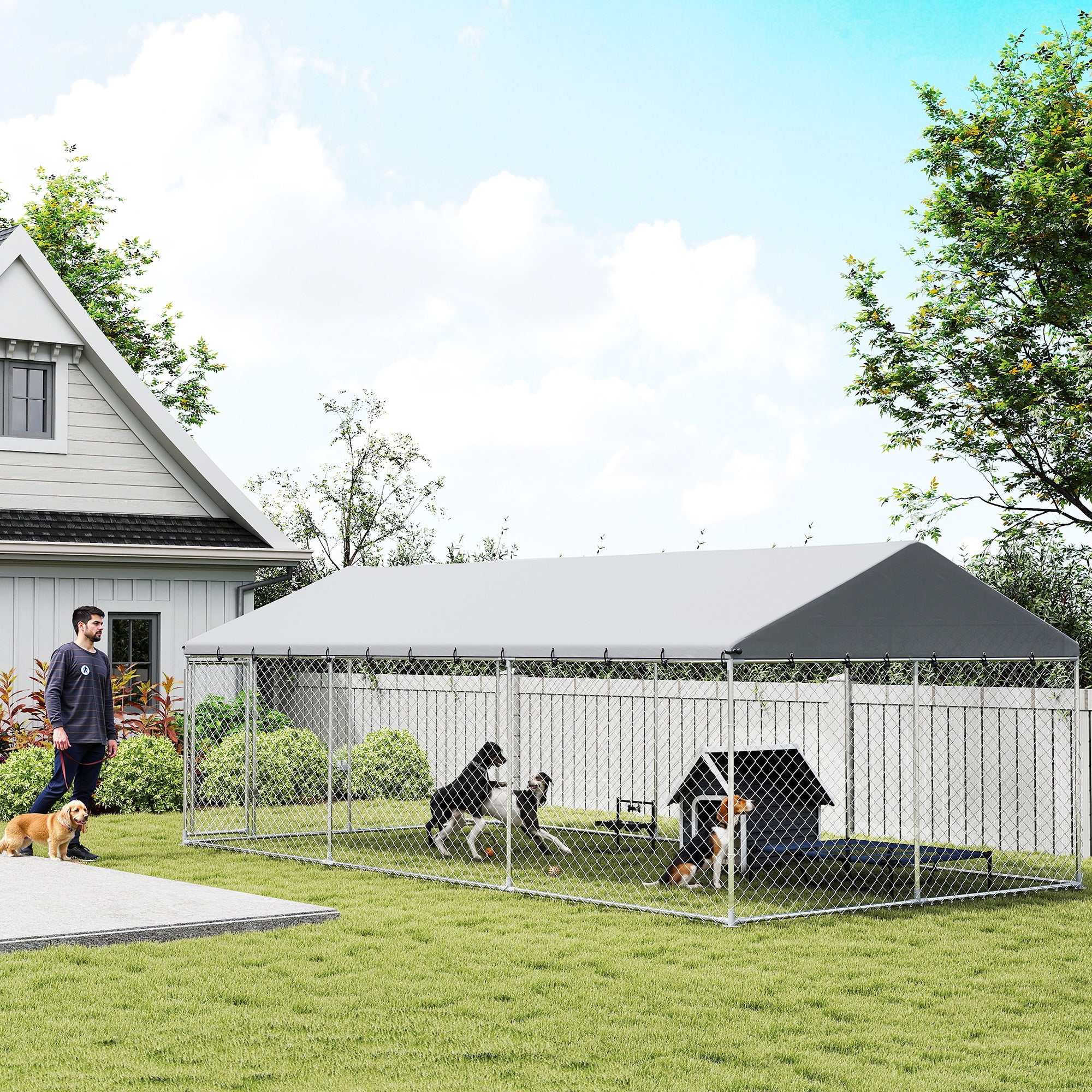 Outdoor Dog Kennel, 20' x 10' x 7', Heavy Duty Large Dog Kennel Outside w/ Waterproof Roof, Galvanized Chain Link Pet Enclosure w/ 2 Secure Locks, for Large Breed, Chicken, Duck