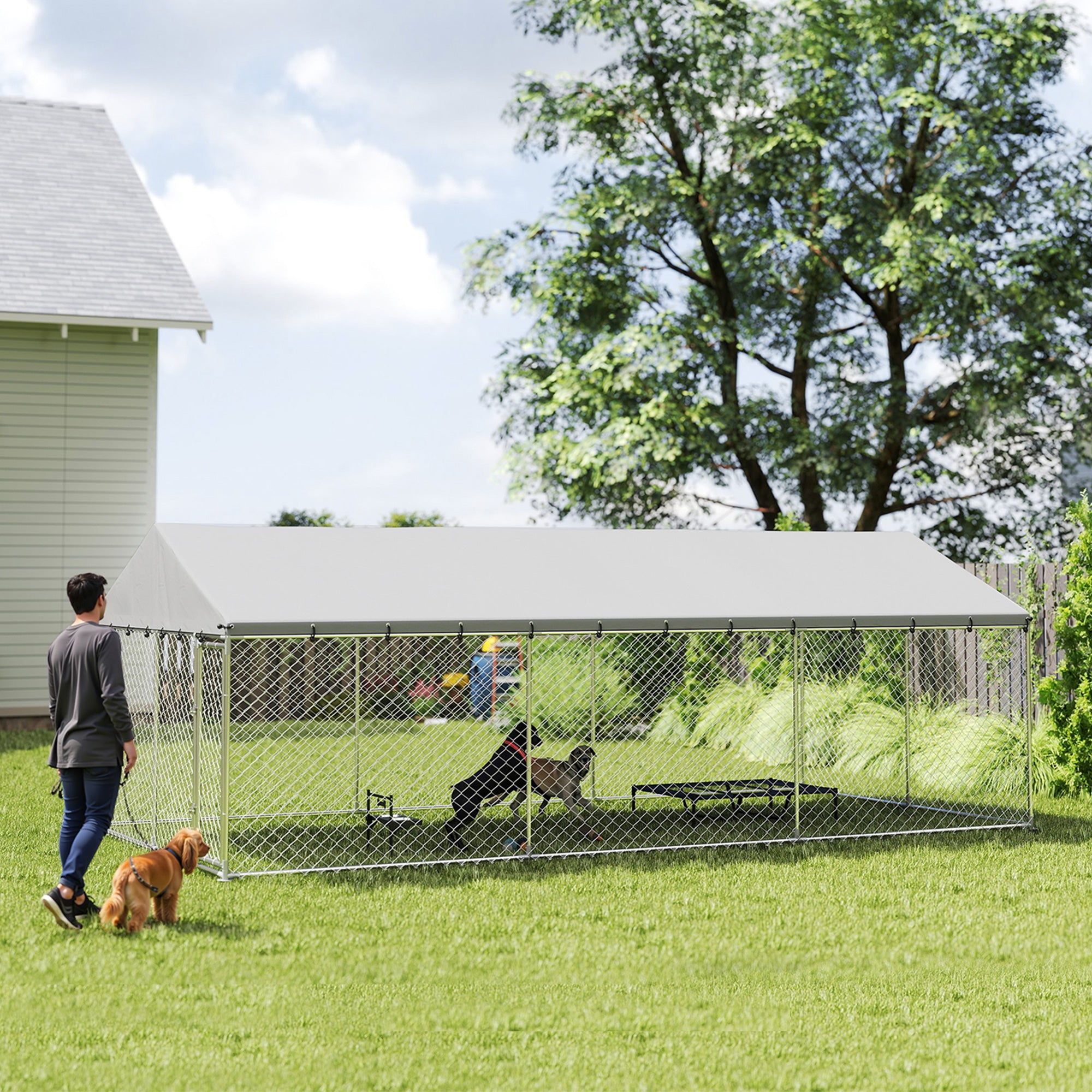 Outdoor Dog Kennel, 20' x 10' x 7', Heavy Duty Large Dog Kennel Outside w/ Waterproof Roof, Galvanized Chain Link Pet Enclosure w/ 2 Secure Locks, for Large Breed, Chicken, Duck