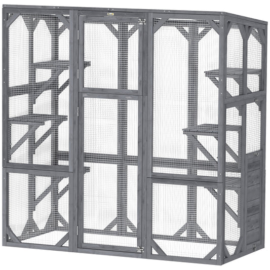 Catio, Outdoor Cat Enclosure with 6 Jumping Platforms, Weatherproof Roof, Large Front Door, Wooden Cat House Cage for 1-3 Kittens, 59" x 28" x 60", Grey