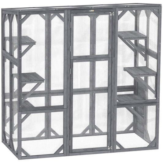 Catio, Outdoor Cat Enclosure with 6 Jumping Platforms, Weatherproof Roof, Large Front Door, Wooden Cat House Cage for 1-3 Kittens, 59" x 28" x 60", Grey
