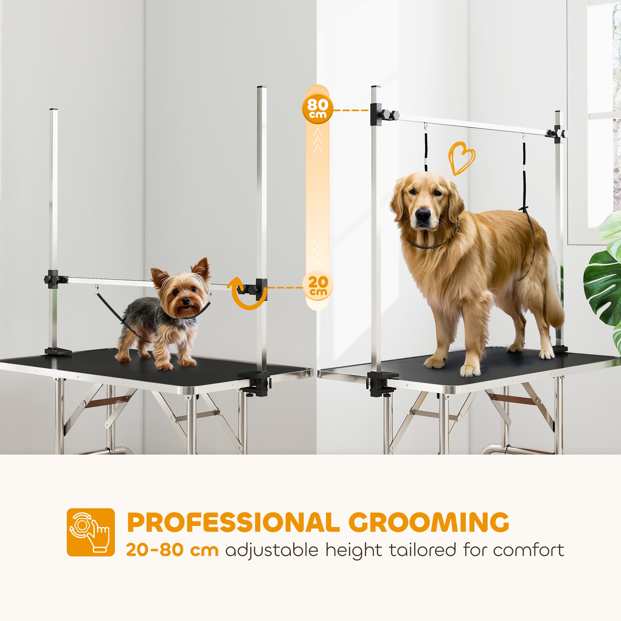 42" Foldable Dog Grooming Table Adjustable Pet Cat Drying Beauty Table Rubber Top with 2 Loops Storage Basket Metal Black