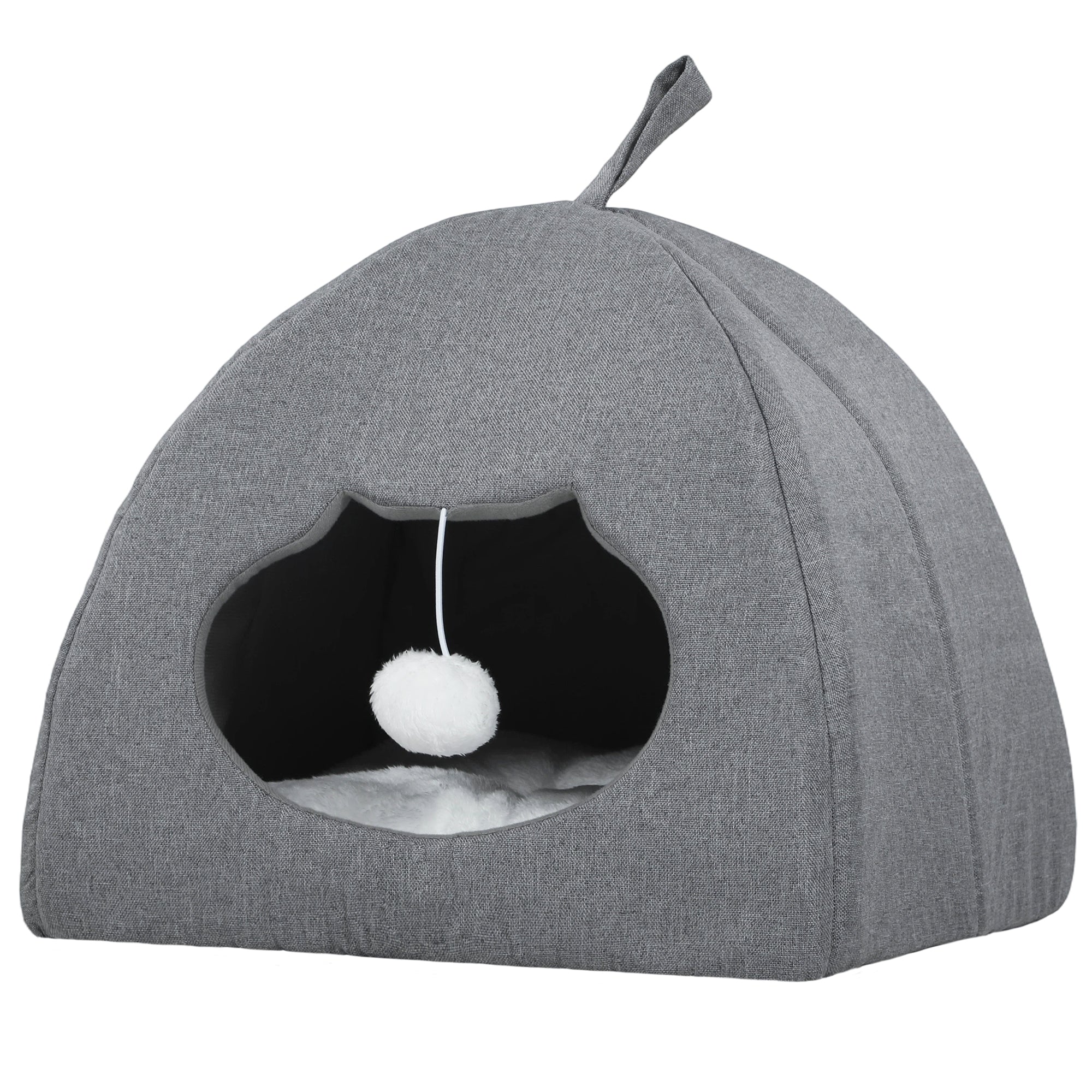 Cat Cave Bed for Indoor Kittens, Cat House with Removable Cushion and Teaser Ball, Kitty Igloo with Anti-Slip Base, 42 x 42 x 39 cm, Grey