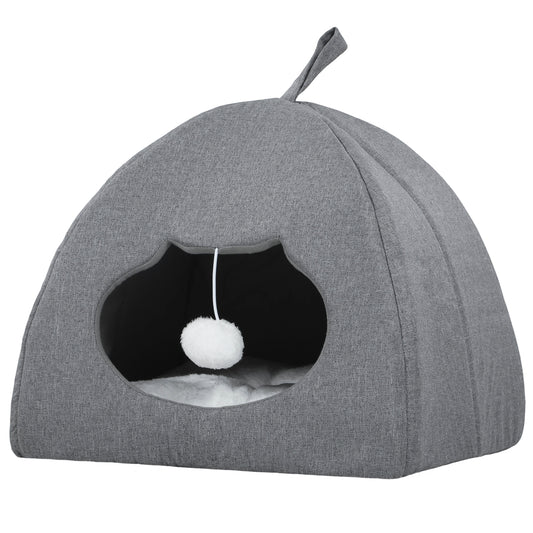 Cat Cave Bed for Indoor Kittens, Cat House with Removable Cushion and Teaser Ball, Kitty Igloo with Anti-Slip Base, 42 x 42 x 39 cm, Grey