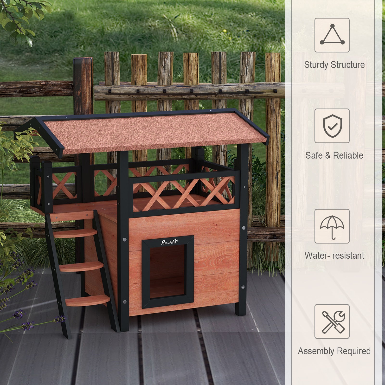 Outdoor Cat House Kitten Shelter Puppy Kennel with Balcony Stairs Asphalt Roof, 77 x 50 x 73 cm, Brown