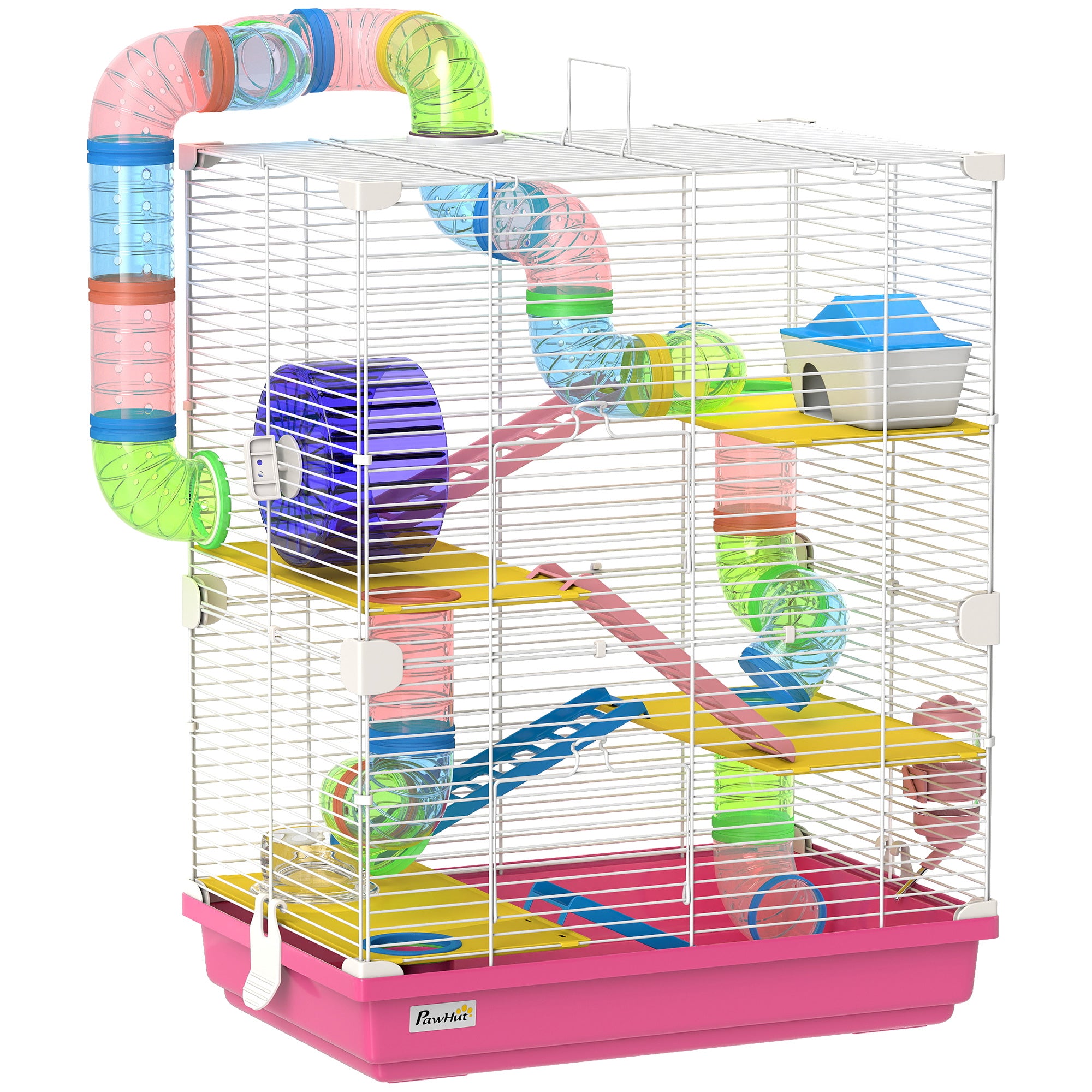18" 5 Tier Hamster Cage with Tubes and Tunnels, Small Animal Cage with Portable Carry Handle, Gerbil Cage with Water Bottle, Food Dish, Exercise Wheel, Pink