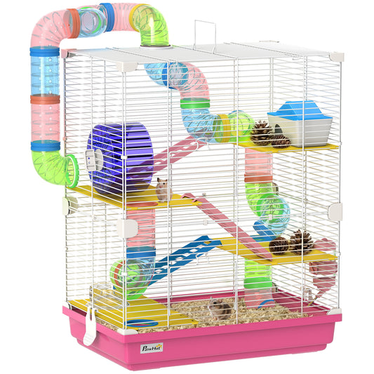 5 Tiers Hamster Cage Portable Animal Travel Carrier Habitat with Exercise Wheels Play Tube Water Bottle Dishes House Ladder for Gerbils, Pink