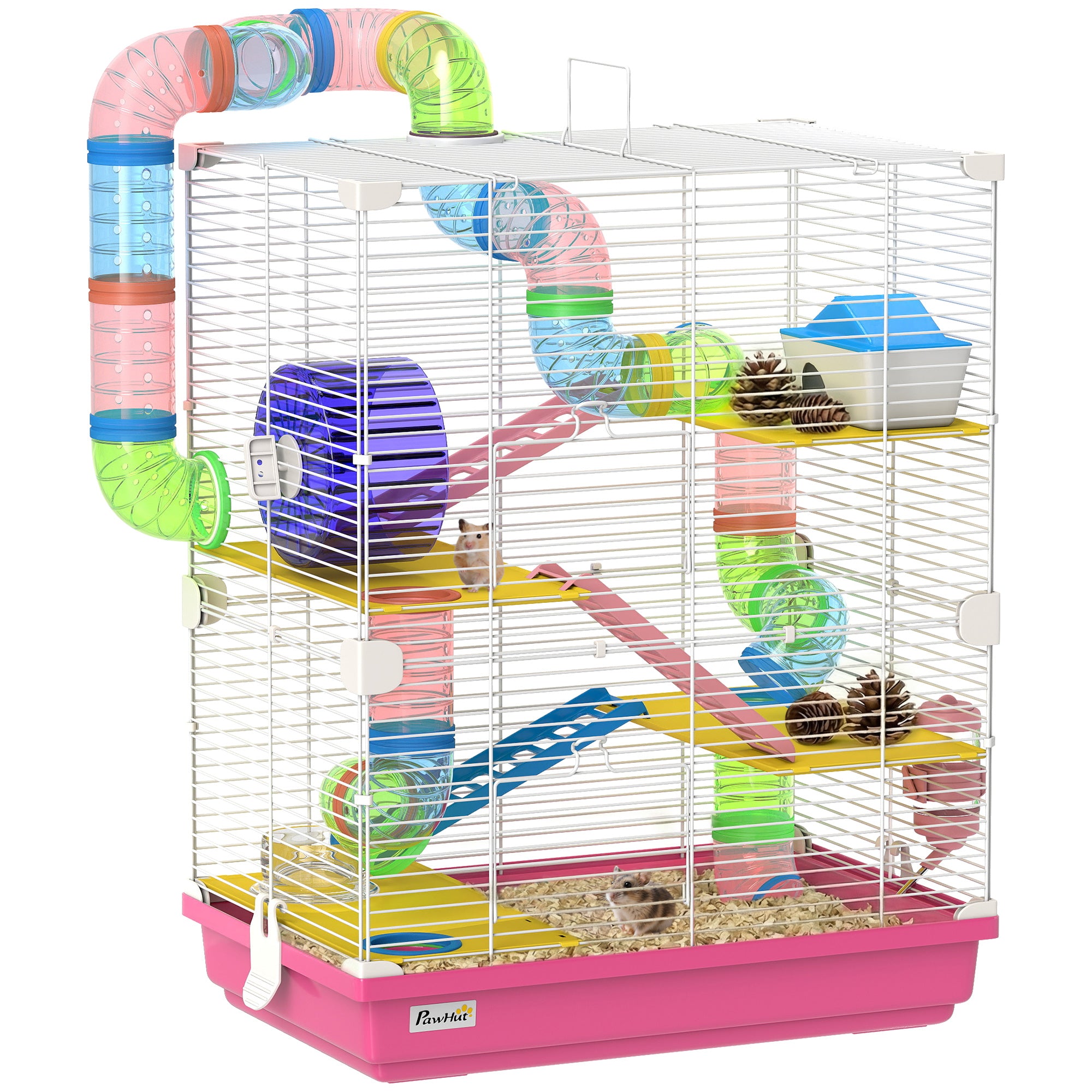 18" 5 Tier Hamster Cage with Tubes and Tunnels, Small Animal Cage with Portable Carry Handle, Gerbil Cage with Water Bottle, Food Dish, Exercise Wheel, Pink