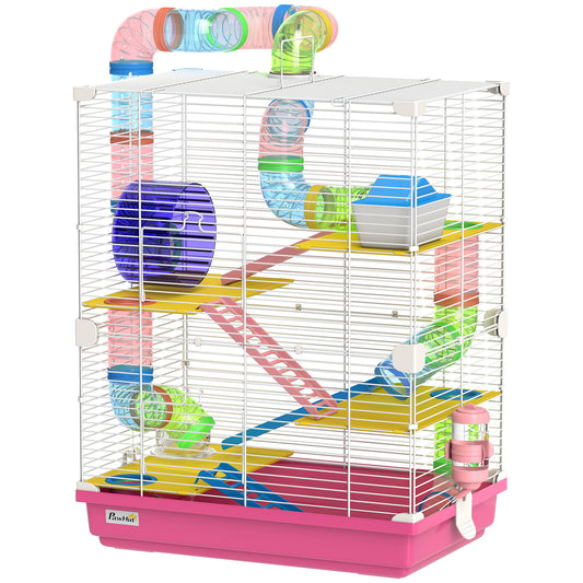 5 Tiers Hamster Cage Portable Animal Travel Carrier Habitat with Exercise Wheels Play Tube Water Bottle Dishes House Ladder for Gerbils, Pink