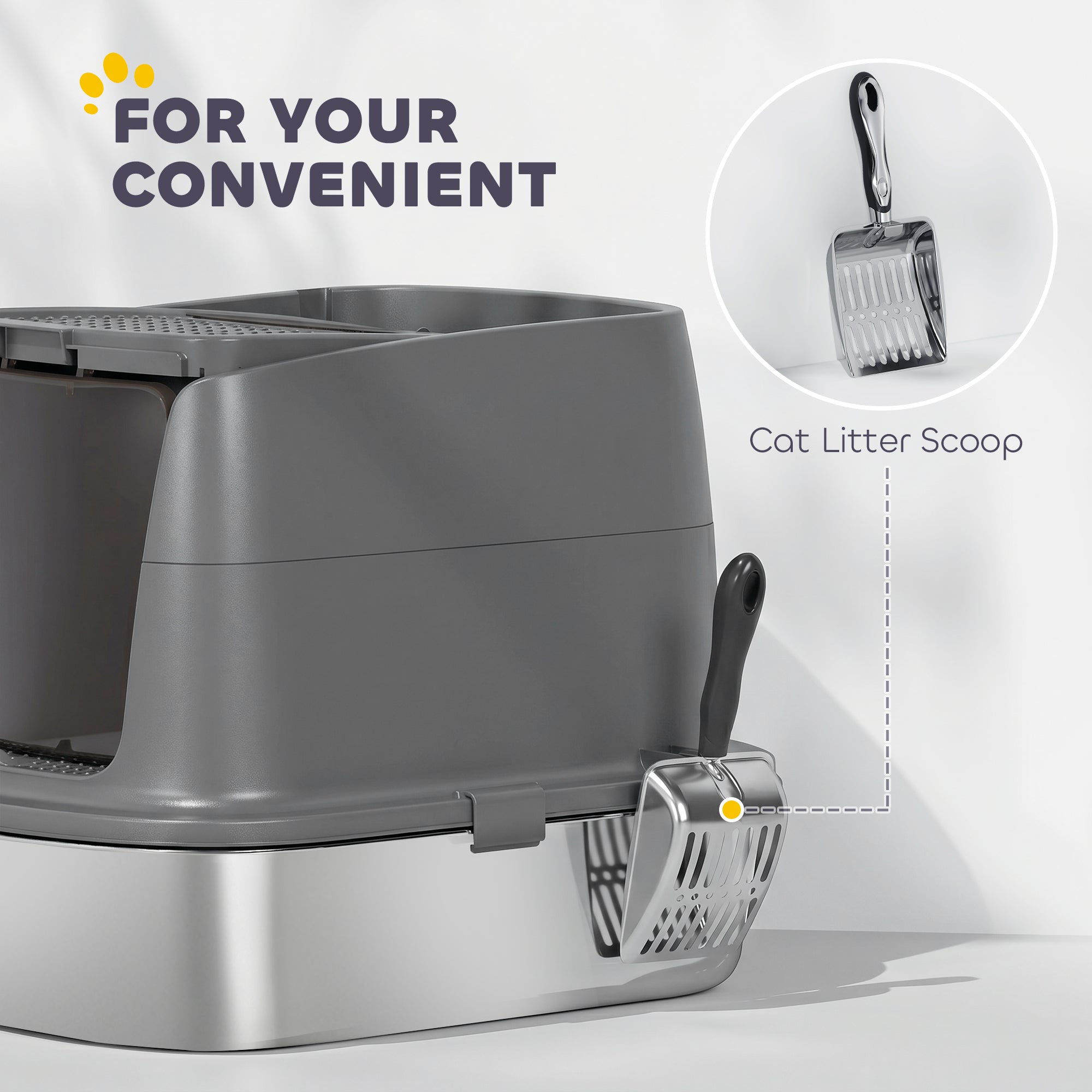 Stainless Steel Litter Box with Lid, Large Hooded Cat Litter Tray with Flip Cover, Metal Scoop, Deodoriser Bag, Non-Sticky, Odour Control and Easy Clean, Dark Grey