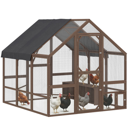 Large Wooden Chicken Coop for 8-10 Hens, Walk-in Chicken Run with Waterproof Cover, Nesting Boxes and Perches, Outdoor Poultry Cage Rabbit Hutch for Backyard, 83" x 73" x 73", Dark Brown