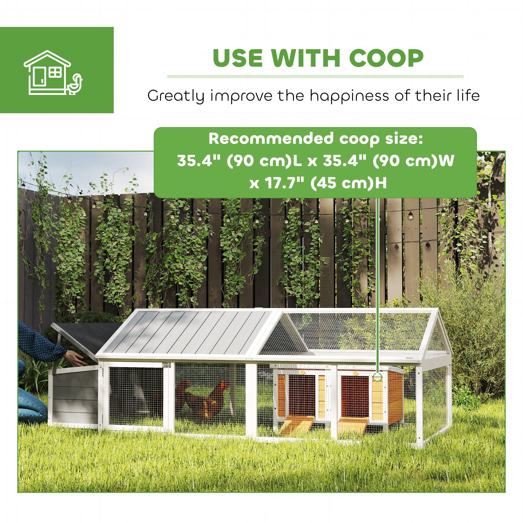 95"L Large Chicken Run, Wooden Chicken Coop with Nesting Box, Lift-up Top, Side Door and Wooden Roof, Poultry Cage for Outdoor, for 4 to 8 Chickens, Rabbits, Ducks, White