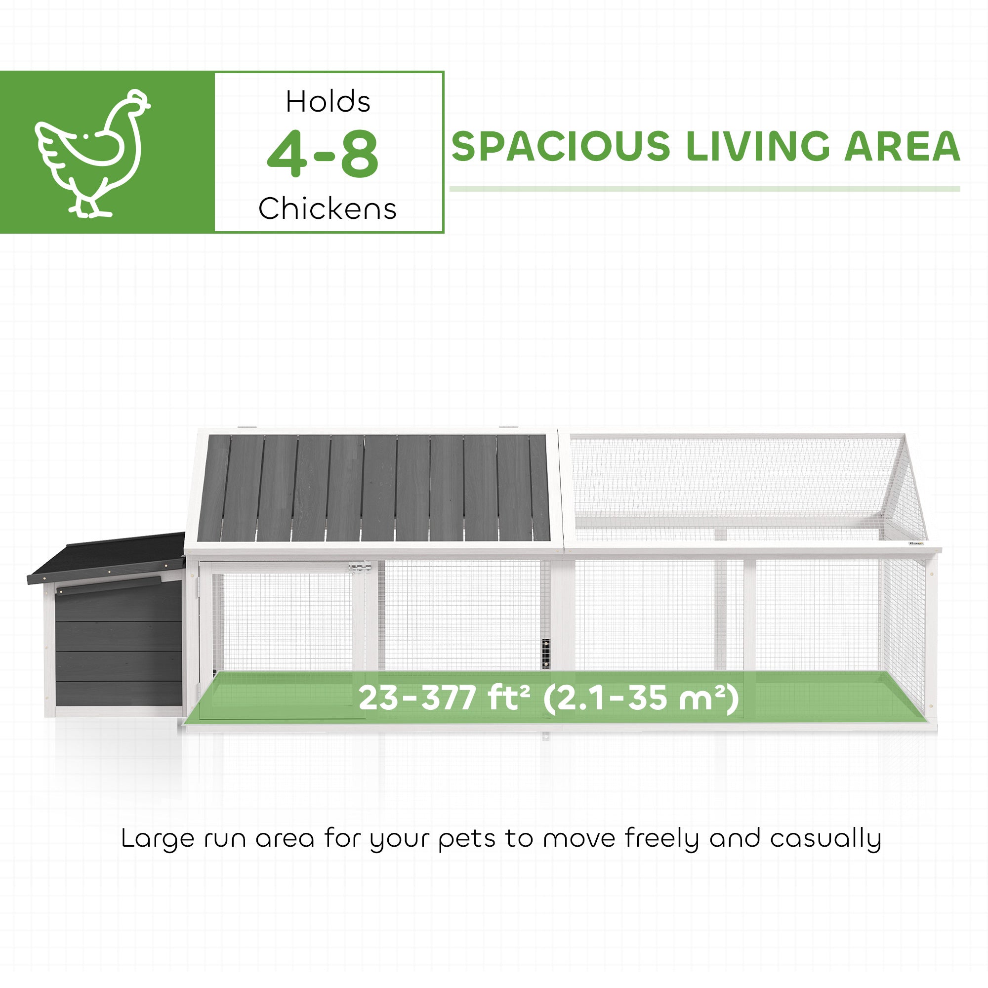 95"L Large Chicken Run, Wooden Chicken Coop with Nesting Box, Lift-up Top, Side Door and Wooden Roof, Poultry Cage for Outdoor, for 4 to 8 Chickens, Rabbits, Ducks, White