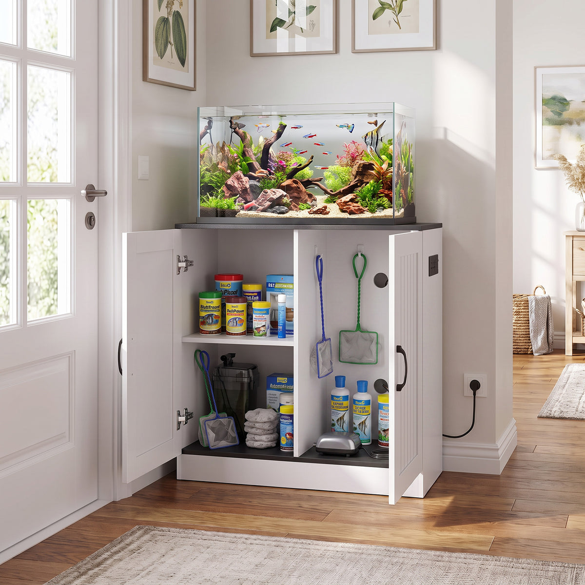 Fish Tank Stand, 20-29 Gallon Aquarium Stand with Power Outlets, Cabinet Storage and Anti-Tip Kit, Wooden Aquarium Cabinet for Home, Living Room, 78 x 35 x 80 cm, White