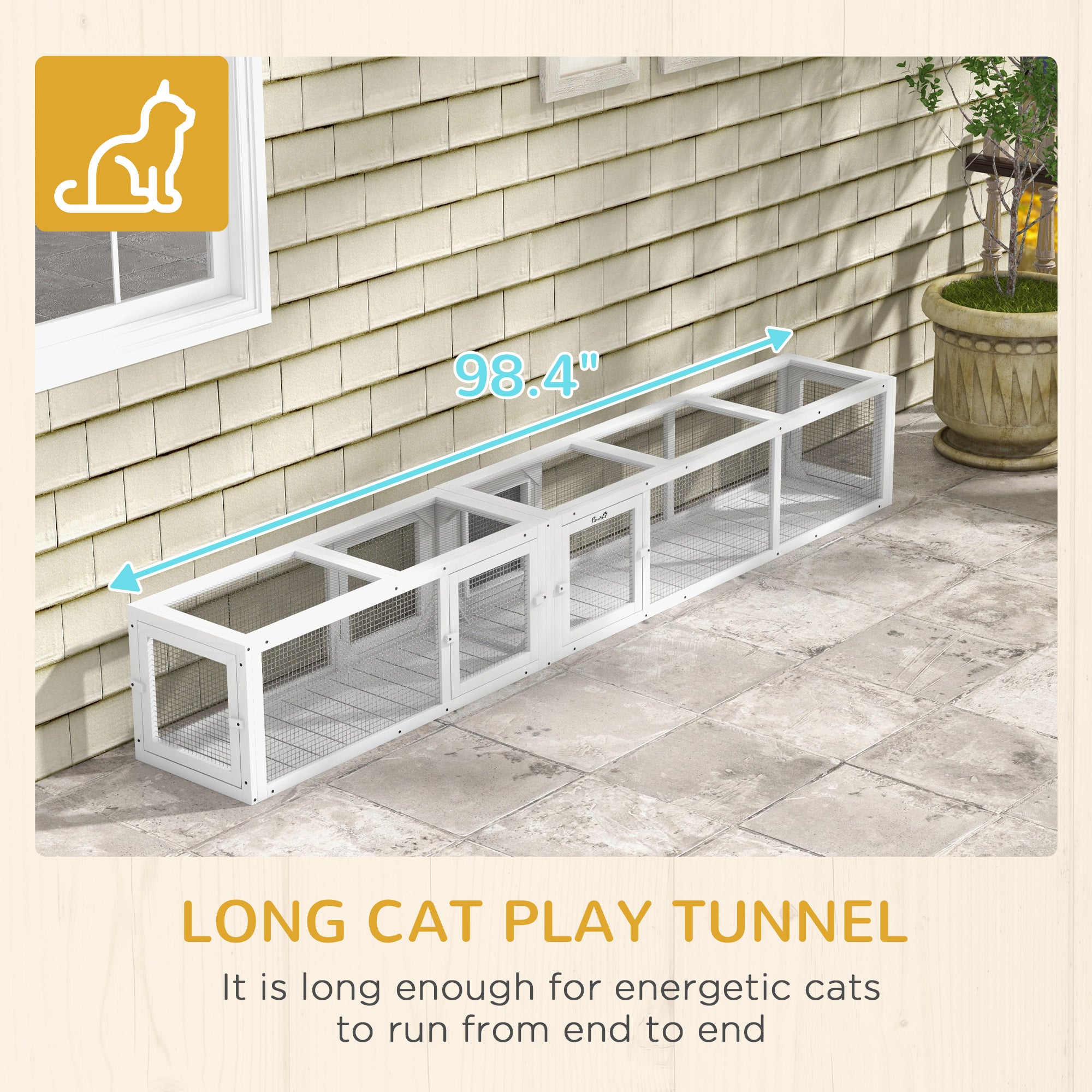 PawHut Cat Tunnel Outdoor, Wooden Cat Tube with Combinable Design, 8 Doors, 98" Cat Toys for Kitty, Puppy, Pet, House, Window, Cage, White