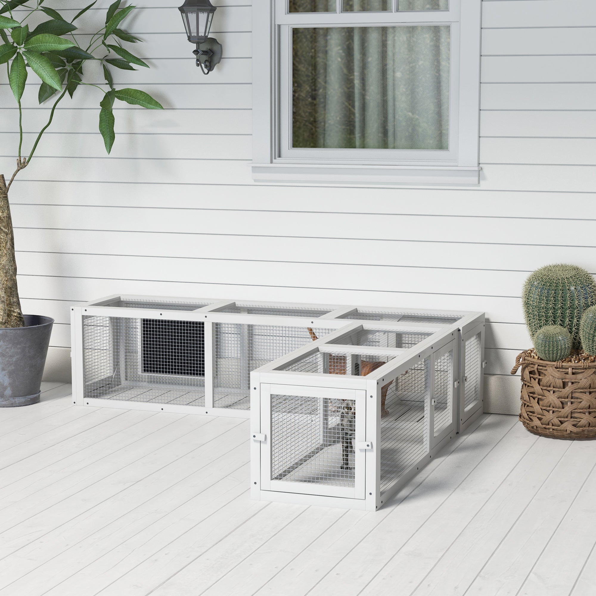 PawHut Cat Tunnel Outdoor, Wooden Cat Tube with Combinable Design, 8 Doors, 98" Cat Toys for Kitty, Puppy, Pet, House, Window, Cage, White