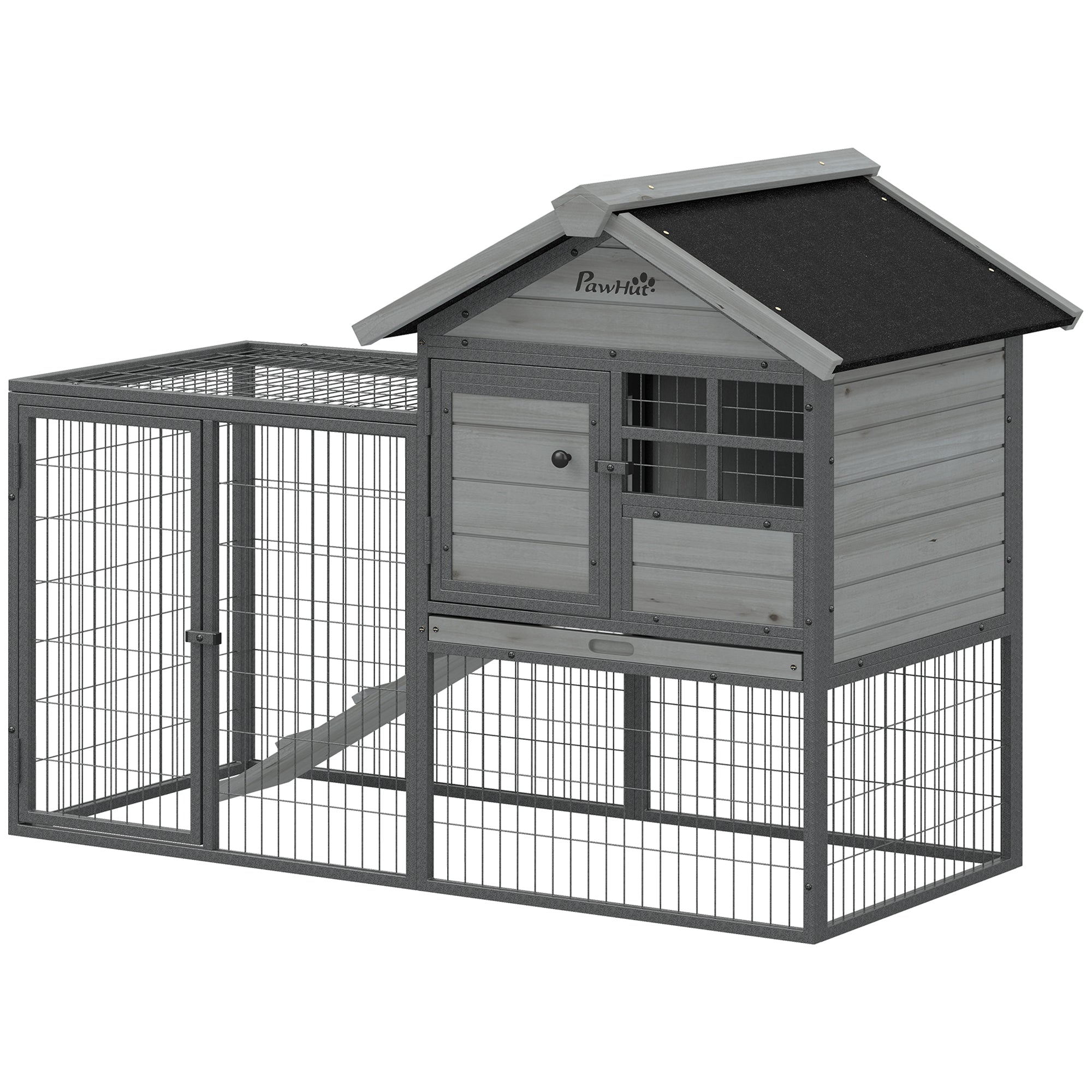 Rabbit Hutch Outdoor, 48"L Large Wooden Bunny Cage with Run, Robust Metal Frame, Removable Plastic Tray, Asphalt Roof, Ramp, Guinea Pig Cage for 1-2 Rabbits, Grey