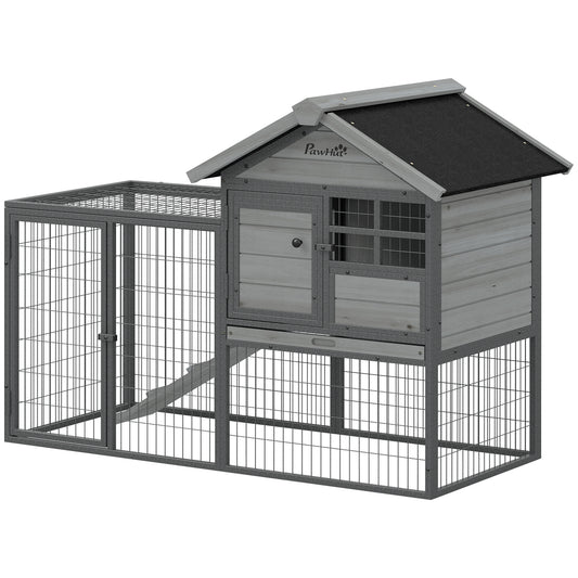Rabbit Hutch Outdoor, 48"L Large Wooden Bunny Cage with Run, Robust Metal Frame, Removable Plastic Tray, Asphalt Roof, Ramp, Guinea Pig Cage for 1-2 Rabbits, Grey