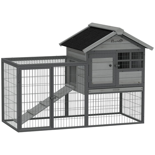 Rabbit Hutch Outdoor, 48"L Large Wooden Bunny Cage with Run, Robust Metal Frame, Removable Plastic Tray, Asphalt Roof, Ramp, Guinea Pig Cage for 1-2 Rabbits, Grey