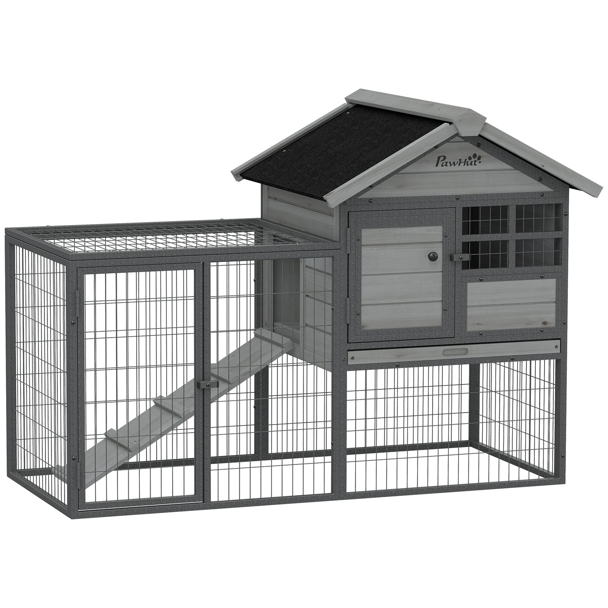 Rabbit Hutch Outdoor, 48"L Large Wooden Bunny Cage with Run, Robust Metal Frame, Removable Plastic Tray, Asphalt Roof, Ramp, Guinea Pig Cage for 1-2 Rabbits, Grey