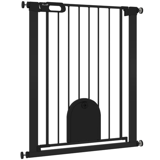 30"-32" Extra Wide Pet Gate with Small Door, 35"H Dog Gate with Safety Gate Barrier, Stair Pressure Fit, Auto Close, Double Locking, for Doorways, Hallways, Black