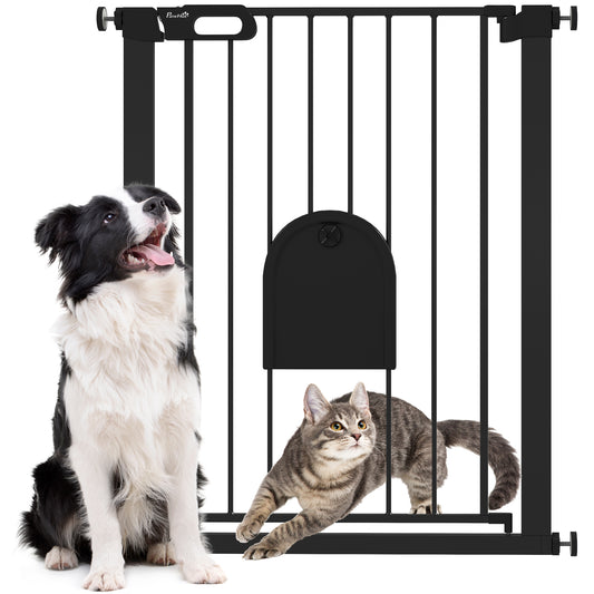 30"-32" Extra Wide Pet Gate with Small Door, 35"H Dog Gate with Safety Gate Barrier, Stair Pressure Fit, Auto Close, Double Locking, for Doorways, Hallways, Black