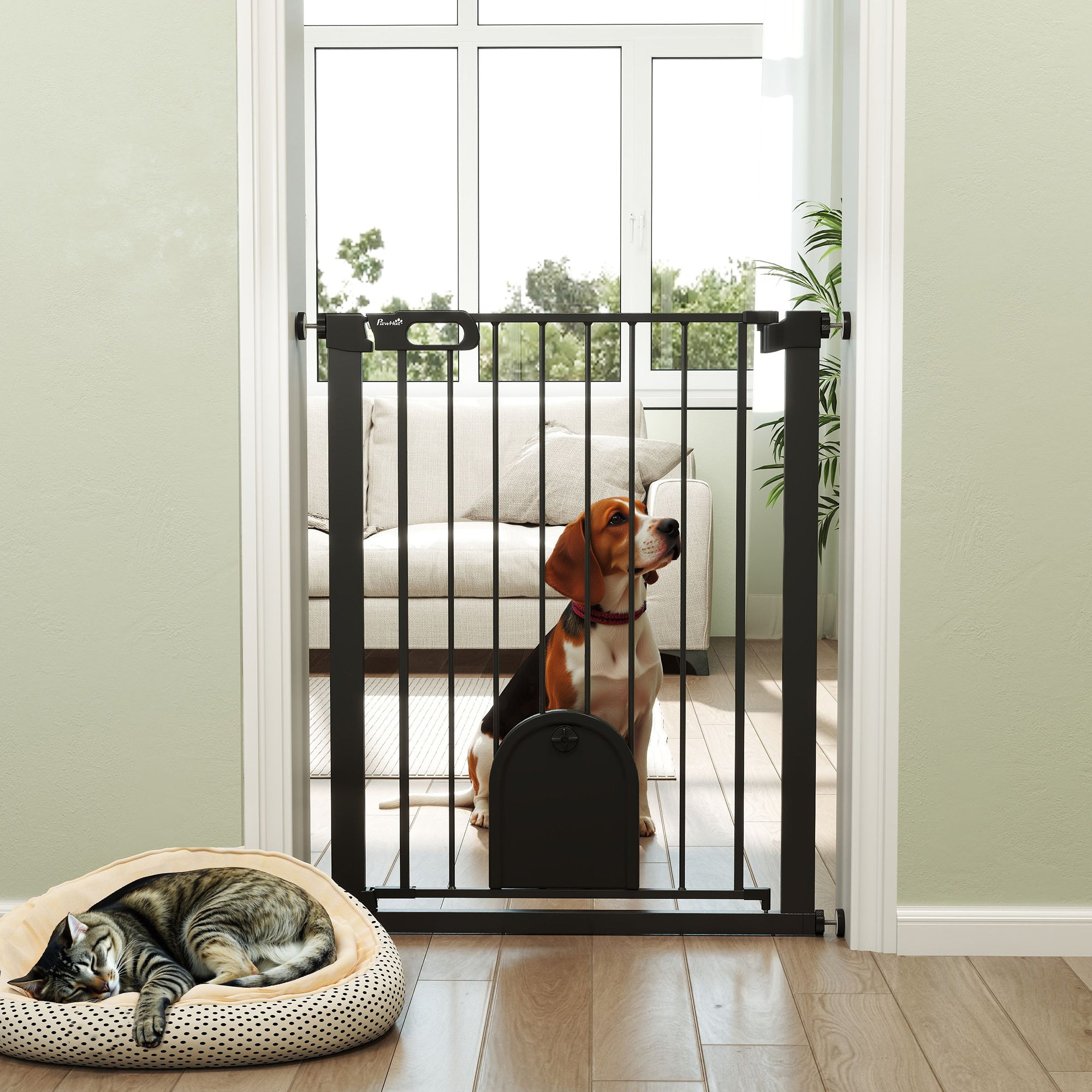 30"-32" Extra Wide Pet Gate with Small Door, 35"H Dog Gate with Safety Gate Barrier, Stair Pressure Fit, Auto Close, Double Locking, for Doorways, Hallways, Black