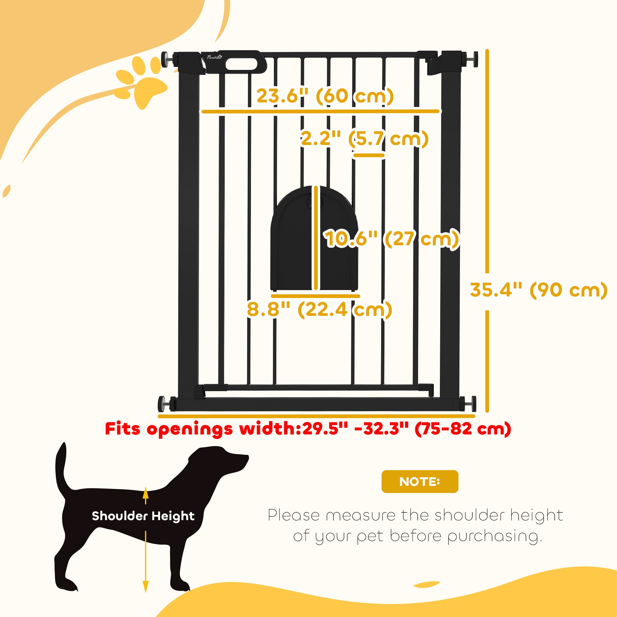30"-32" Extra Wide Pet Gate with Small Door, 35"H Dog Gate with Safety Gate Barrier, Stair Pressure Fit, Auto Close, Double Locking, for Doorways, Hallways, Black
