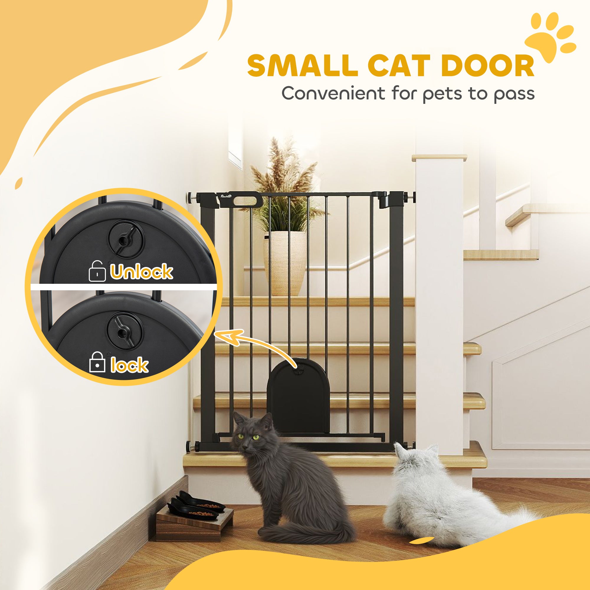 30"-32" Extra Wide Pet Gate with Small Door, 35"H Dog Gate with Safety Gate Barrier, Stair Pressure Fit, Auto Close, Double Locking, for Doorways, Hallways, Black