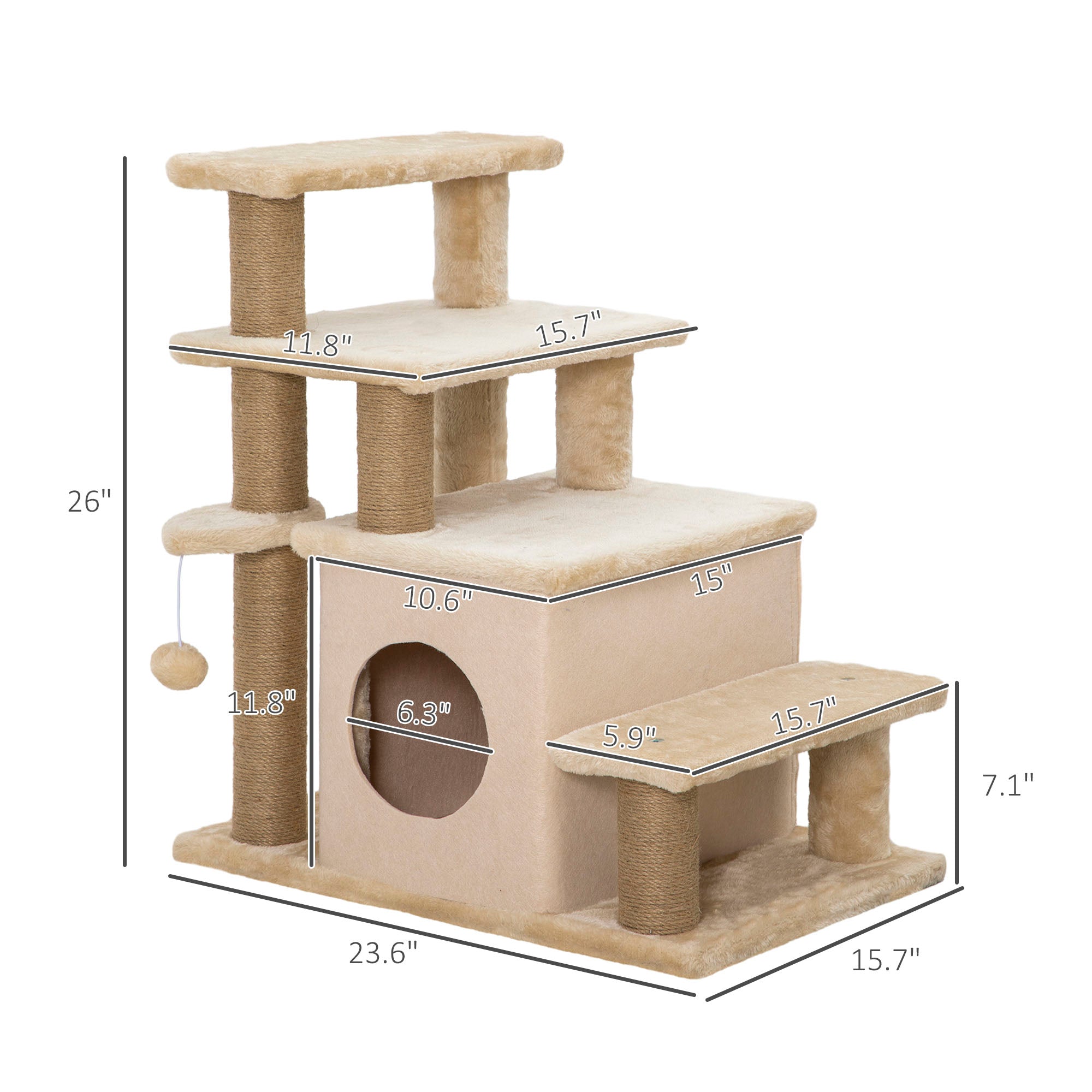 Pet Stairs, Adjustable Height 3 Step/4 Step Cat Steps with Jute Cat Scratching Post, Condo, Toy Ball for High Bed, Sofa, Couch, for Indoor Small Kittens, Beige