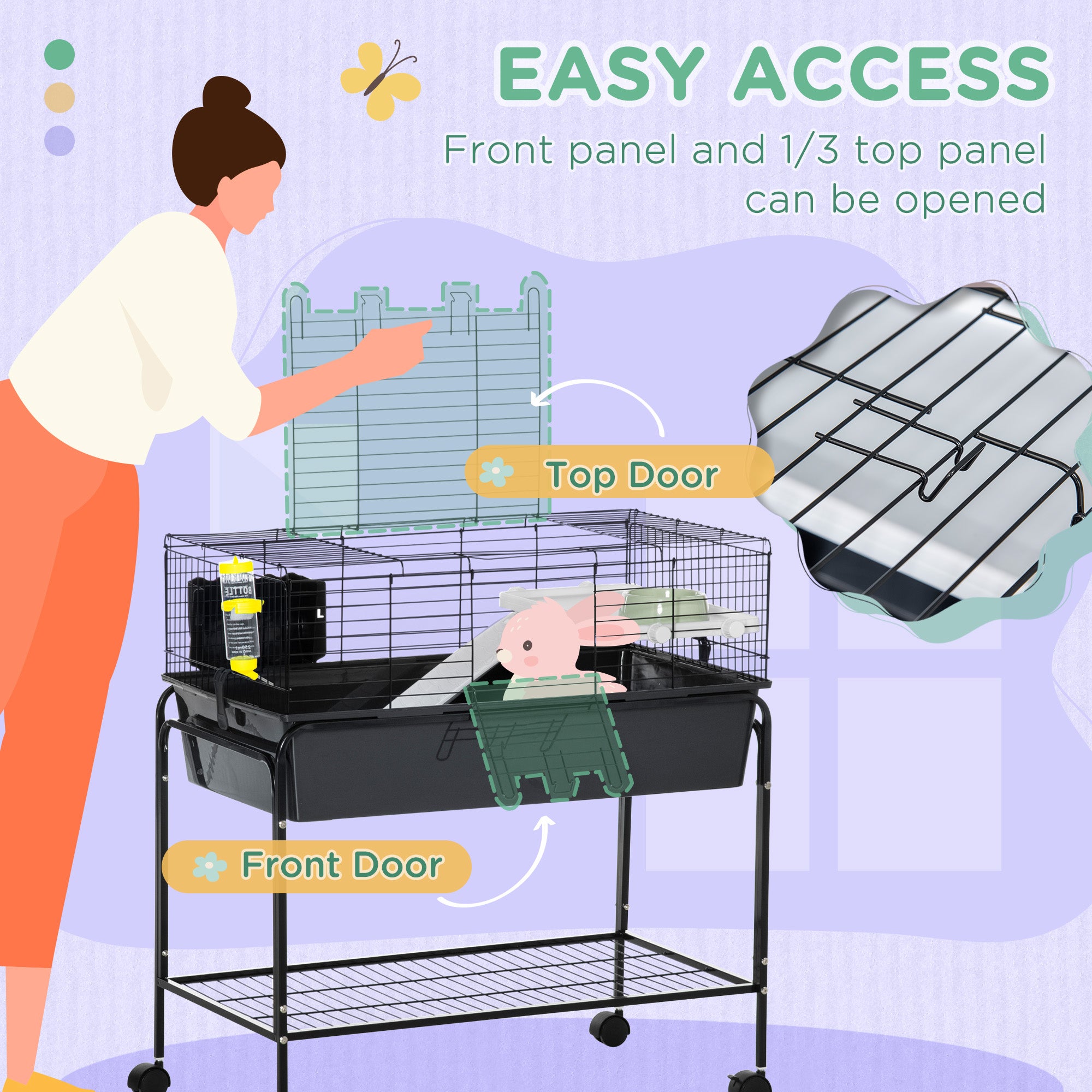 PawHut Two-Story Small Animal Cage Removable from Stand, Guinea Pig Cage, Hedgehog Cage, Chinchilla Cage, Ferret, with Shelf & Wheels, Pet Habitat, 33" x 18.5" x 35", Charcoal Gray