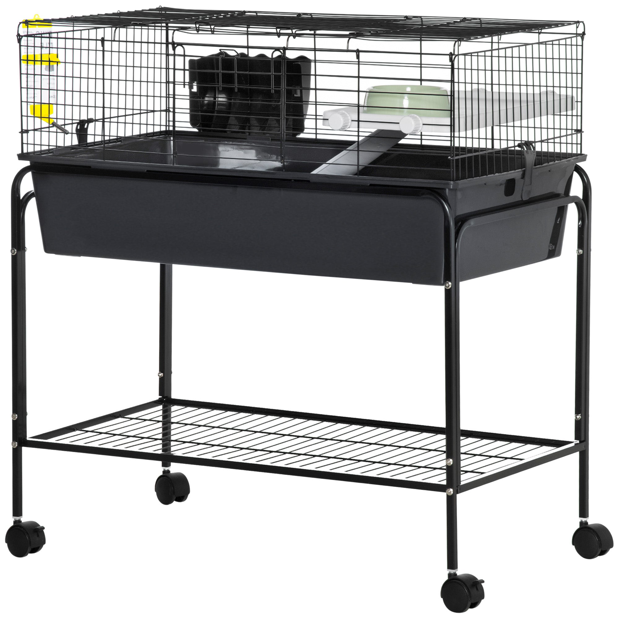 PawHut Two-Story Small Animal Cage Removable from Stand, Guinea Pig Cage, Hedgehog Cage, Chinchilla Cage, Ferret, with Shelf & Wheels, Pet Habitat, 33" x 18.5" x 35", Charcoal Gray