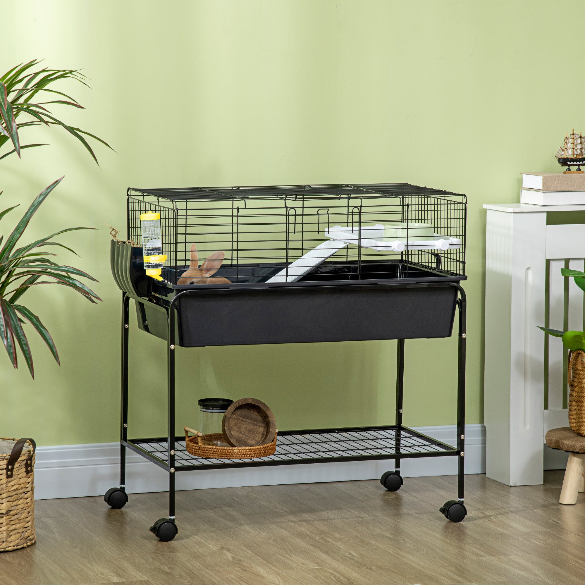 PawHut Two-Story Small Animal Cage Removable from Stand, Guinea Pig Cage, Hedgehog Cage, Chinchilla Cage, Ferret, with Shelf & Wheels, Pet Habitat, 33" x 18.5" x 35", Charcoal Gray